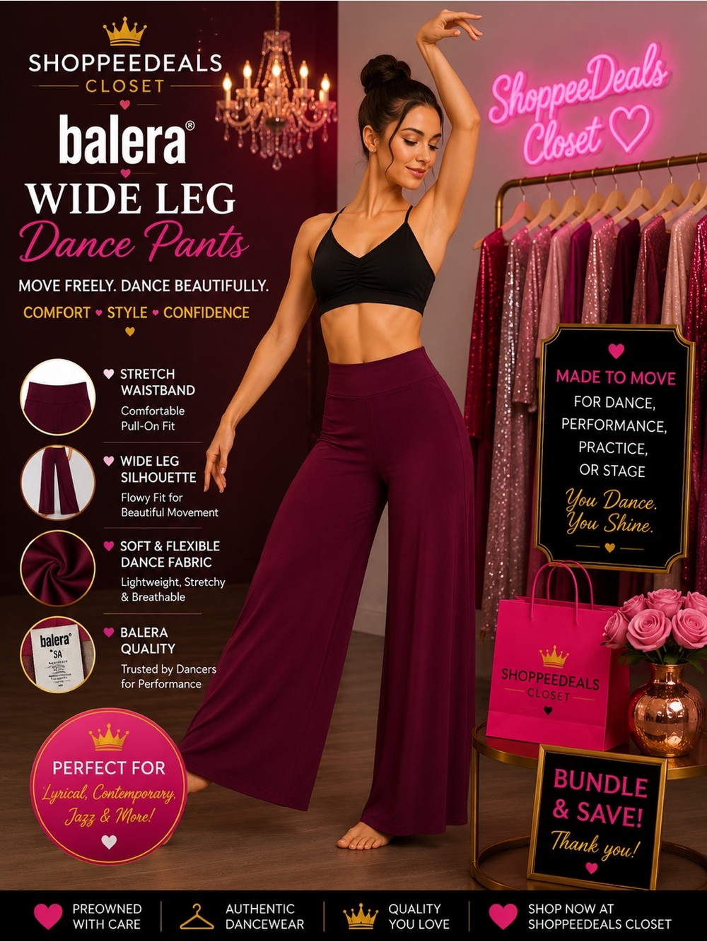 Balera Burgundy Wide Leg Dance Pants – Adult Small